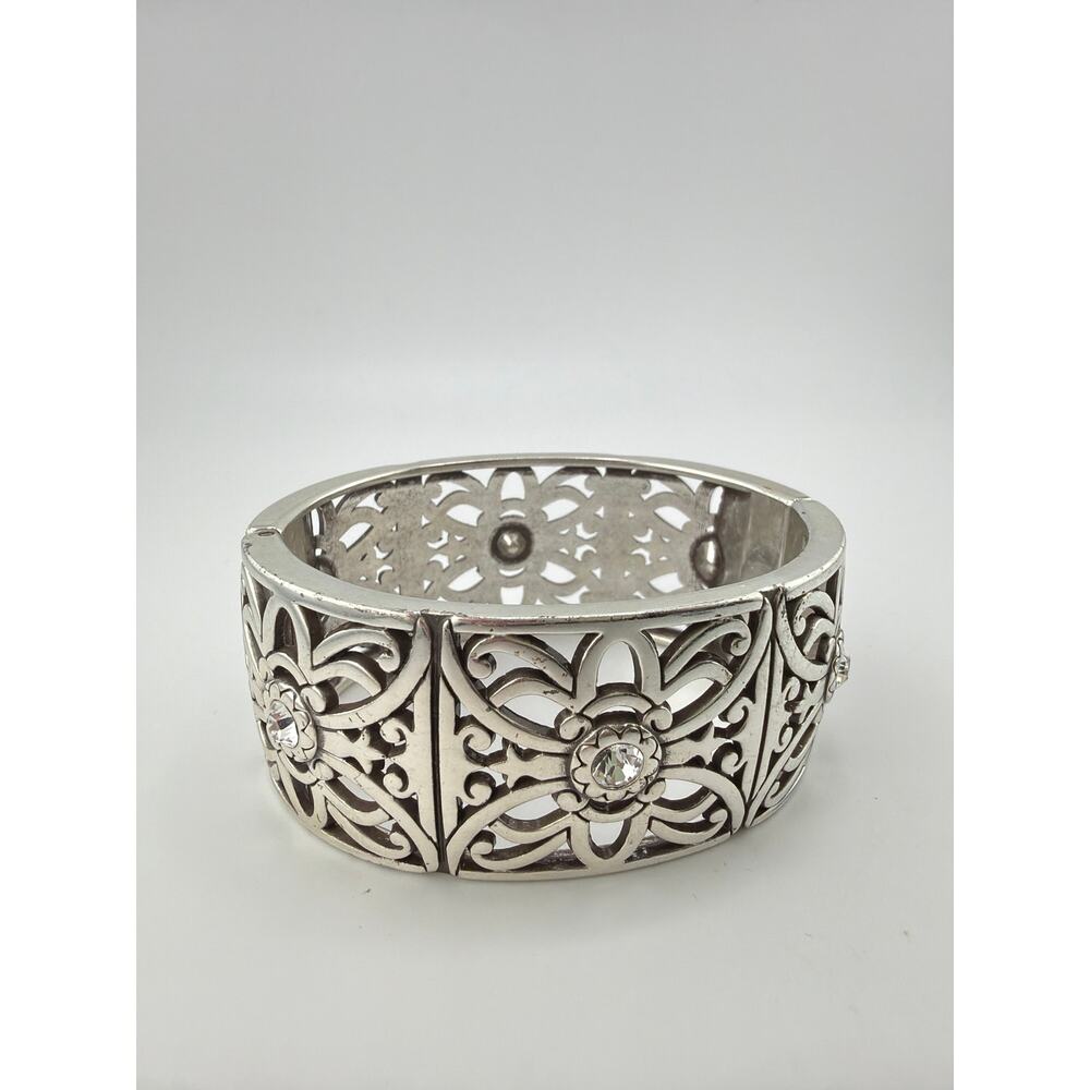 Vintage Brighton Silver-Plated Filigree Openwork Crystal Hinged Cuff Bracelet - Picture 3 of 4